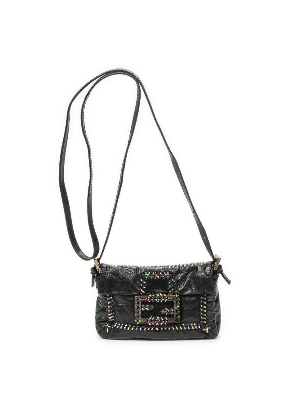 Fendi Mini Multicolor Whipstitch Baguette Crossbody Black Aged Calfskin
